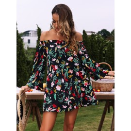 Tropical Print Trumpet Sleeve Off Shoulder Dress