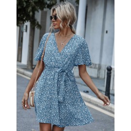 Floral Butterfly Sleeve Belted Dress