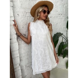 Keyhole Back Frill Trim Eyelet Embroidery Dress