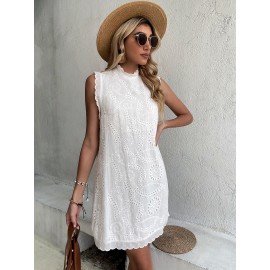 Keyhole Back Frill Trim Eyelet Embroidery Dress