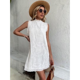 Keyhole Back Frill Trim Eyelet Embroidery Dress