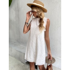 Keyhole Back Frill Trim Eyelet Embroidery Dress