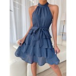 Textured Knit Belted Layered Hem Dress