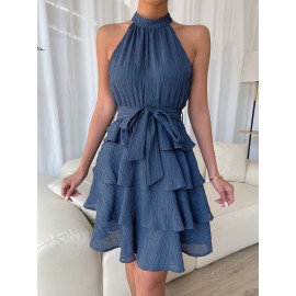 Textured Knit Belted Layered Hem Dress