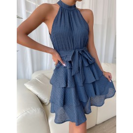 Textured Knit Belted Layered Hem Dress