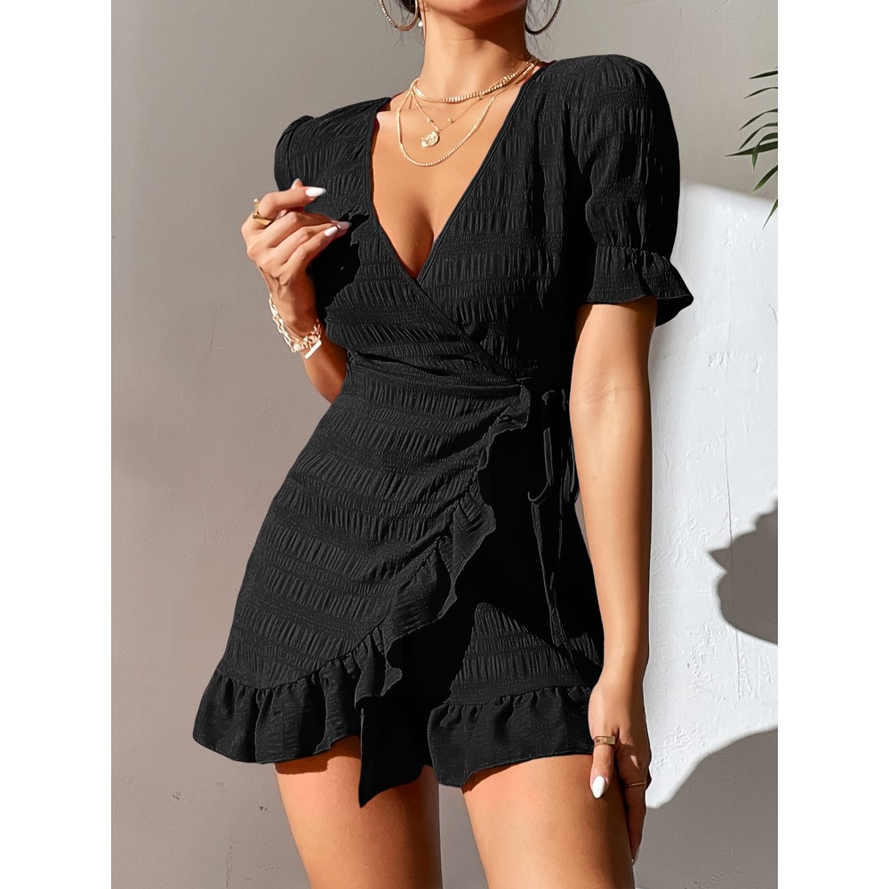 Surplice Neck Knot Side Ruffle Trim Wrap Dress