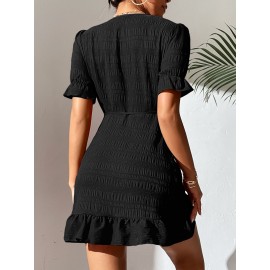 Surplice Neck Knot Side Ruffle Trim Wrap Dress