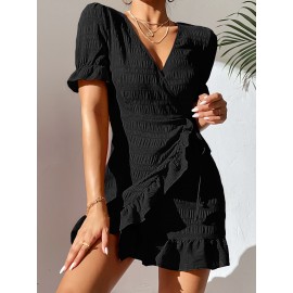 Surplice Neck Knot Side Ruffle Trim Wrap Dress