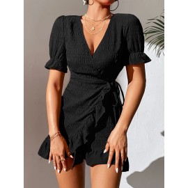 Surplice Neck Knot Side Ruffle Trim Wrap Dress