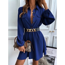 Lantern Sleeve Flap Detail Shirt Dress Without Belt