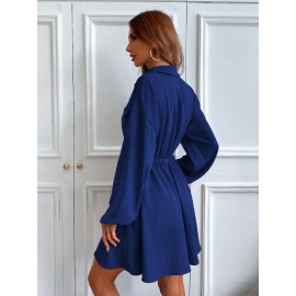 Lantern Sleeve Flap Detail Shirt Dress Without Belt