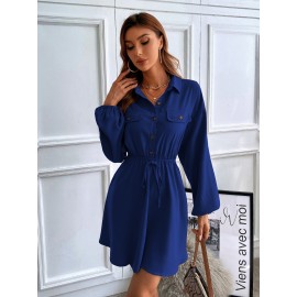 Lantern Sleeve Flap Detail Shirt Dress Without Belt