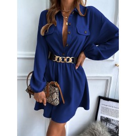 Lantern Sleeve Flap Detail Shirt Dress Without Belt