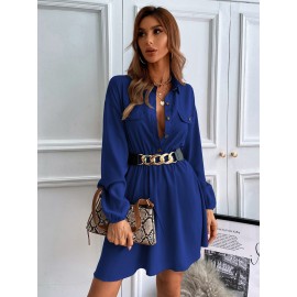 Lantern Sleeve Flap Detail Shirt Dress Without Belt