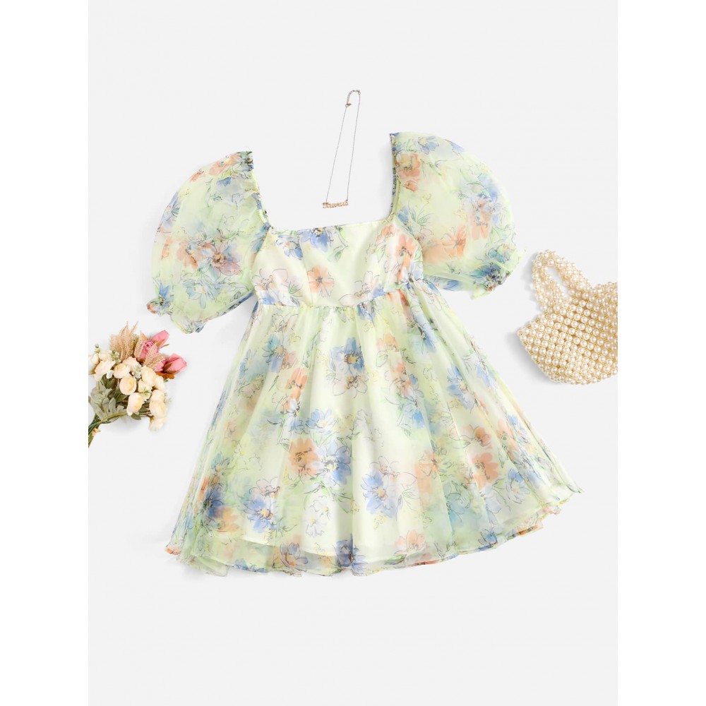 Floral Square Neck Puff Sleeve Organza Dress