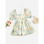 Floral Square Neck Puff Sleeve Organza Dress