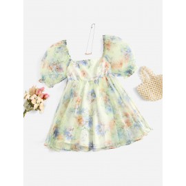 Floral Square Neck Puff Sleeve Organza Dress