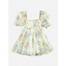 Floral Square Neck Puff Sleeve Organza Dress