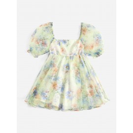 Floral Square Neck Puff Sleeve Organza Dress