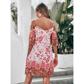 Floral & Paisley Print Cold Shoulder Dress