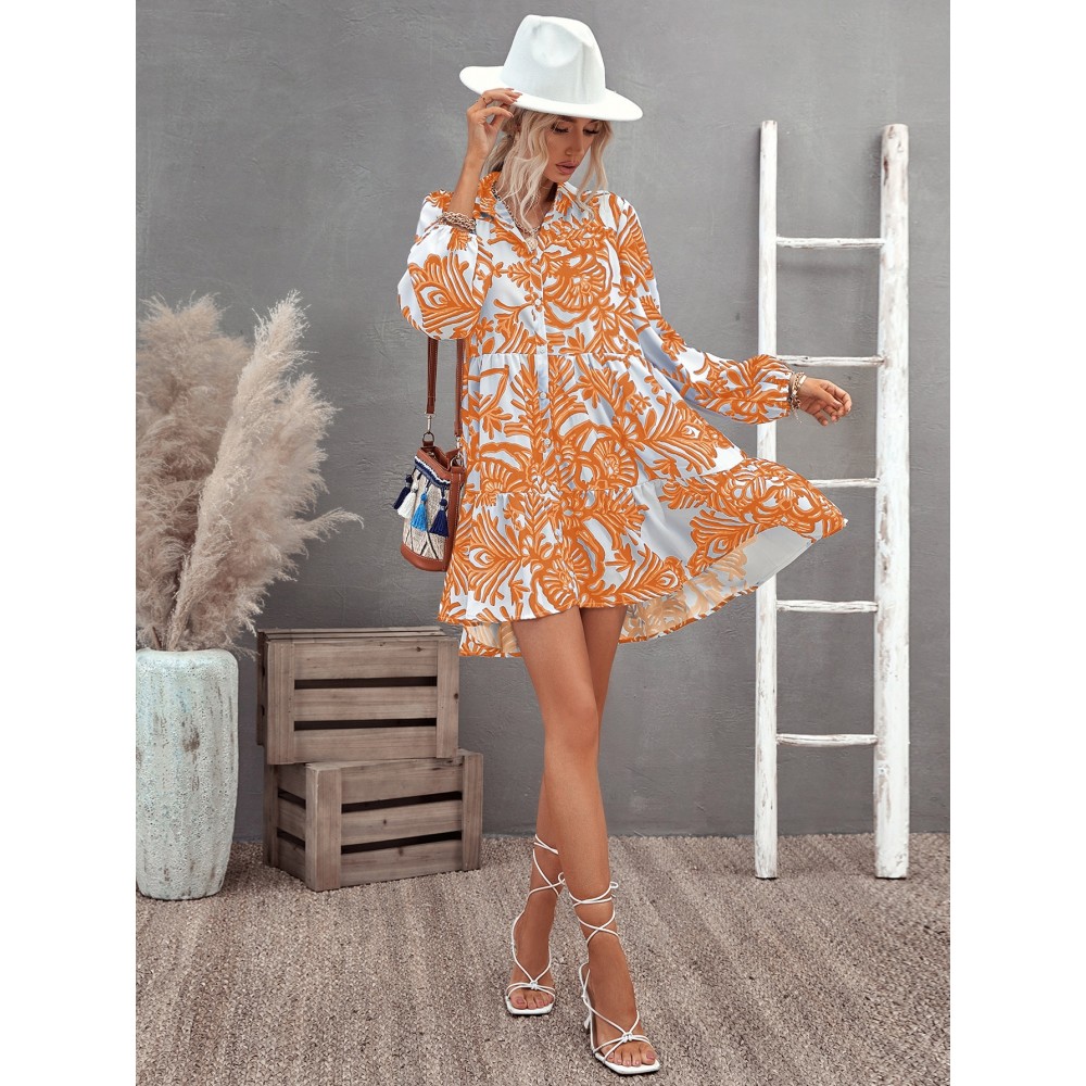 Floral Print Ruffle Hem Lantern Sleeve Smock Dress