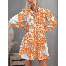 Floral Print Ruffle Hem Lantern Sleeve Smock Dress