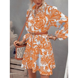 Floral Print Ruffle Hem Lantern Sleeve Smock Dress