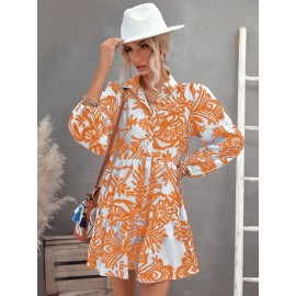 Floral Print Ruffle Hem Lantern Sleeve Smock Dress