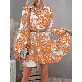 Floral Print Ruffle Hem Lantern Sleeve Smock Dress