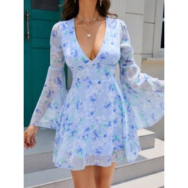 Plunging Neck Bell Sleeve Floral Dress