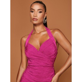 Halter Neck Backless Ruched Bodycon Dress