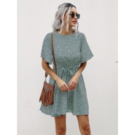 Allover Print Belted A-line Dress