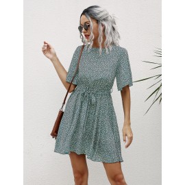 Allover Print Belted A-line Dress