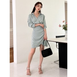 Solid Wrap Ruched Shirt Dress