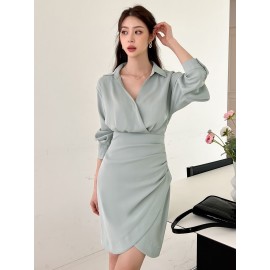 Solid Wrap Ruched Shirt Dress