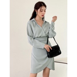 Solid Wrap Ruched Shirt Dress