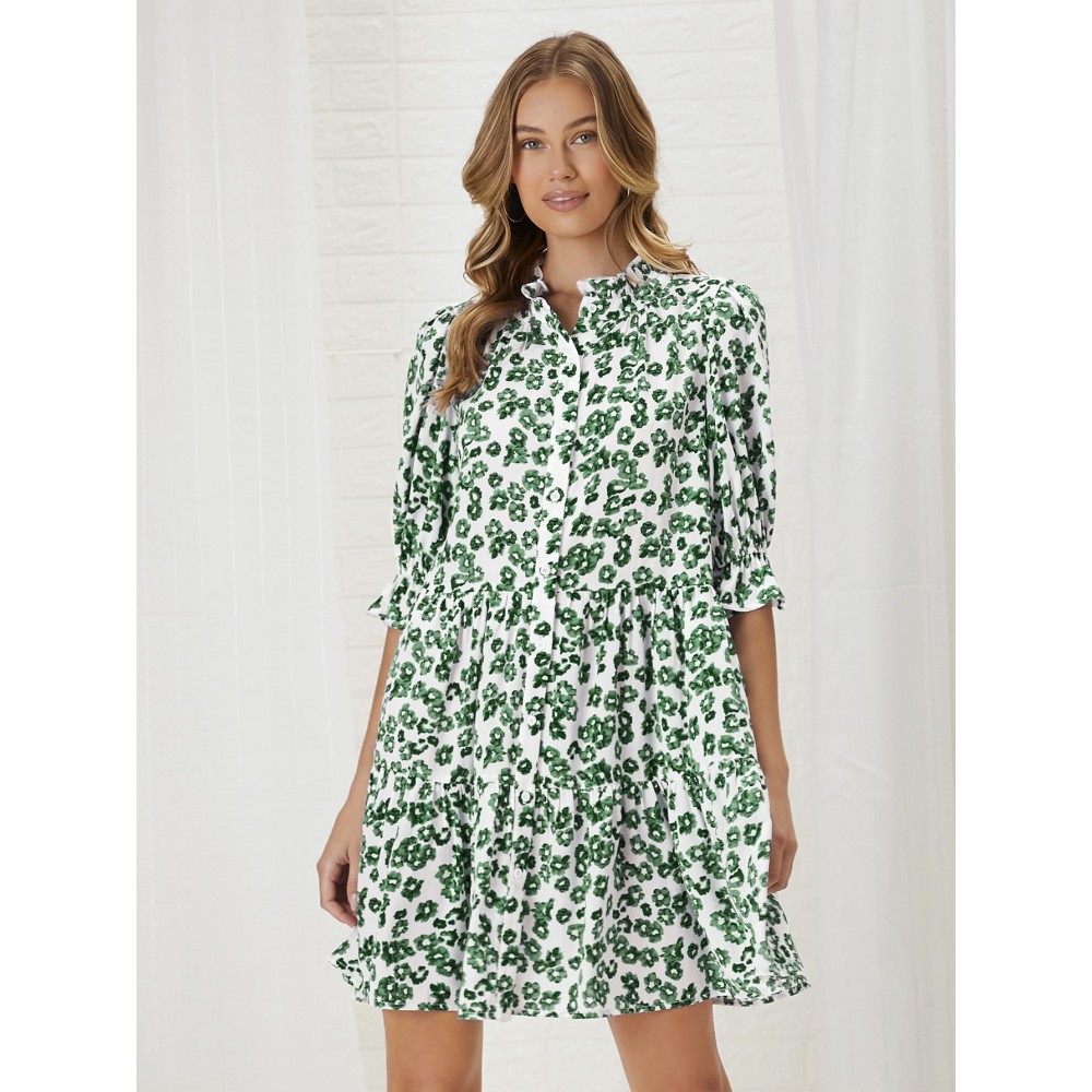 Allover Floral Print Puff Sleeve Smock Dress