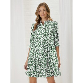 Allover Floral Print Puff Sleeve Smock Dress