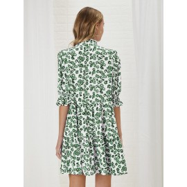 Allover Floral Print Puff Sleeve Smock Dress