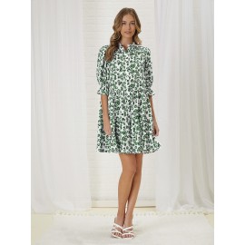 Allover Floral Print Puff Sleeve Smock Dress