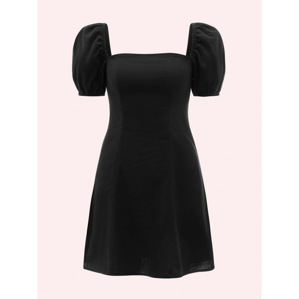 Square Neck Tie Backless Puff Sleeve Dress