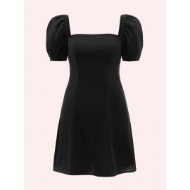 Square Neck Tie Backless Puff Sleeve Dress