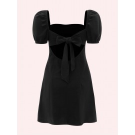 Square Neck Tie Backless Puff Sleeve Dress