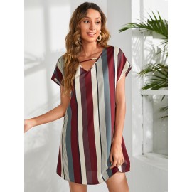 Striped V-neck Batwing Sleeve Tunic Dress