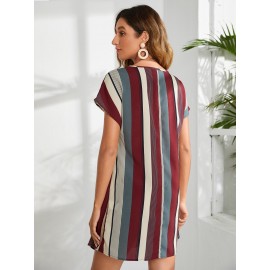 Striped V-neck Batwing Sleeve Tunic Dress