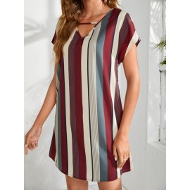 Striped V-neck Batwing Sleeve Tunic Dress