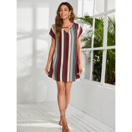 Striped V-neck Batwing Sleeve Tunic Dress