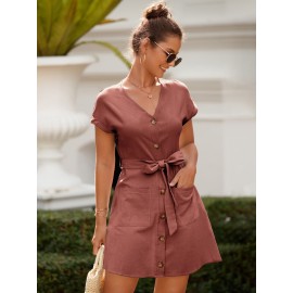 Single Breasted Batwing Sleeve Dual Pocket Belted Dress