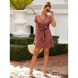 Single Breasted Batwing Sleeve Dual Pocket Belted Dress