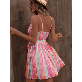 Surplice Neck Belted Striped  Dress